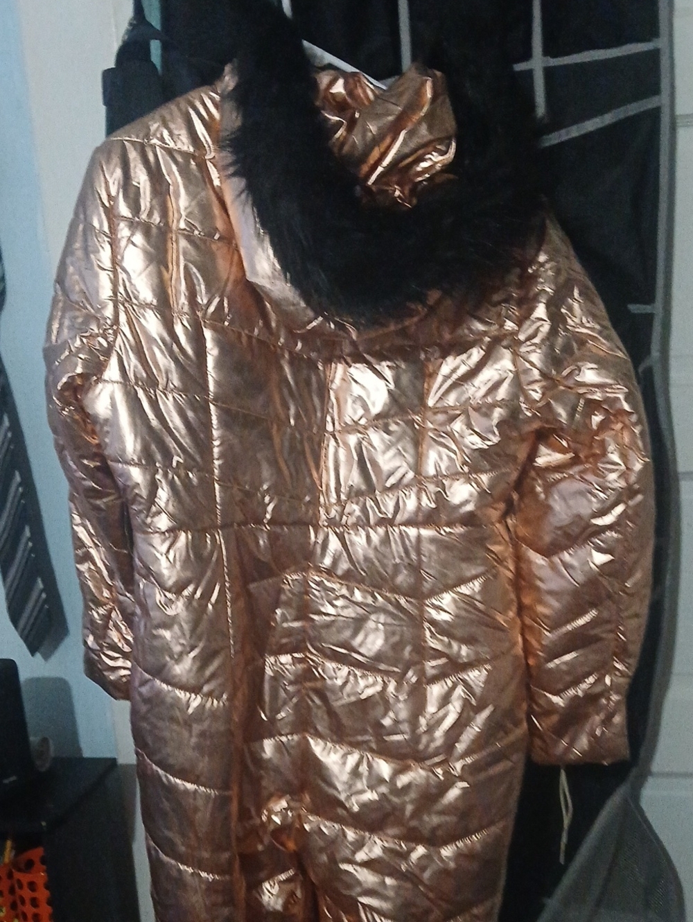 Metallic Rose Gold Puffer Coat with Faux Fur Trim